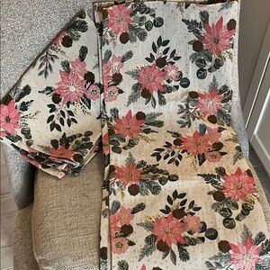 2 Shabby Chic poinsettia pine cone woven cotton kitchen towels pink gold green